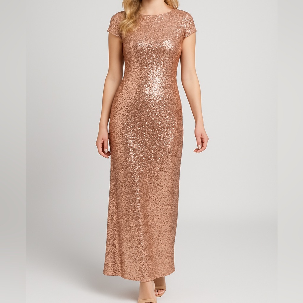 🆕✨ Papell Studio Rose Gold Sequin Maxi Gown Elegant Formal Evening Dress Size 2